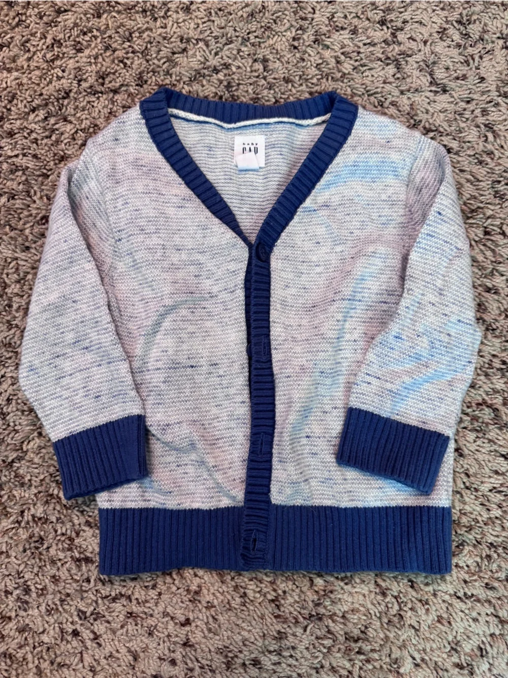GAP Blue Trim Heathered Light Gray Knit Cardigan